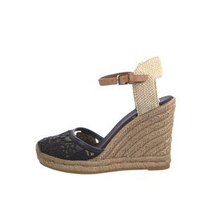 Tory Burch Lucia Espadrille Wedges Sandals Womens 6.5 Navy Blue Tan Lace Shoes